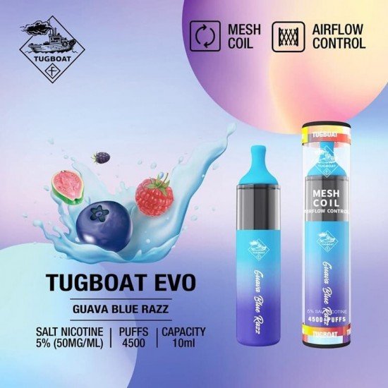 Tugboat Evo 4500 Guava Blue Razz  en uygun fiyatlar ile ebuhar da!  Tugboat Evo 4500 Guava Blue Razz özellikleri, fiyatı, incelemesi, yorumları ve taksit seçenekleri için hemen tıklayın!