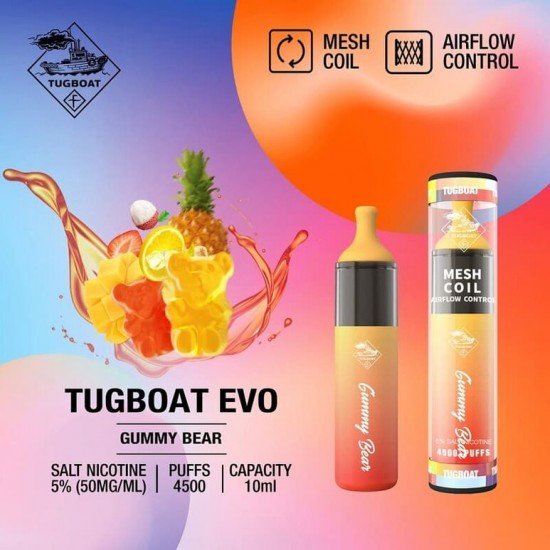 Tugboat Evo 4500 Gummy Bear  en uygun fiyatlar ile ebuhar da!  Tugboat Evo 4500 Gummy Bear özellikleri, fiyatı, incelemesi, yorumları ve taksit seçenekleri için hemen tıklayın!