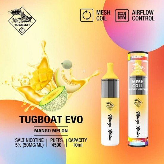 Tugboat Evo 4500 Mango Melon  en uygun fiyatlar ile ebuhar da!  Tugboat Evo 4500 Mango Melon özellikleri, fiyatı, incelemesi, yorumları ve taksit seçenekleri için hemen tıklayın!