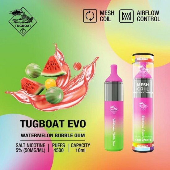 Tugboat Evo 4500 Watermelon Bubblegum  en uygun fiyatlar ile ebuhar da!  Tugboat Evo 4500 Watermelon Bubblegum özellikleri, fiyatı, incelemesi, yorumları ve taksit seçenekleri için hemen tıklayın!